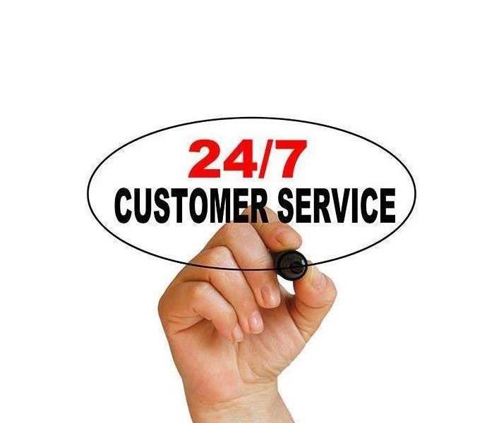 A hand holding a marker is shown through a transparent surface with the words 24/7 customer service